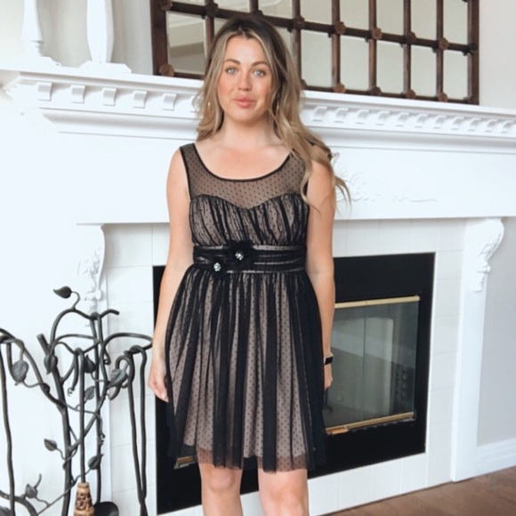 BCX Black & Nude Illusion Neckline Polka Dot Dress - Picture 2 of 9